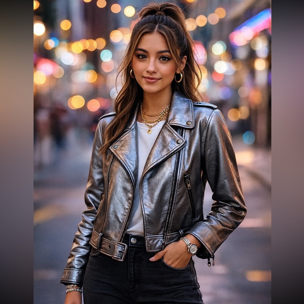 GUESS Metallic Silver Faux Leather Moto Jacket | Streetwear Glam | Size Large